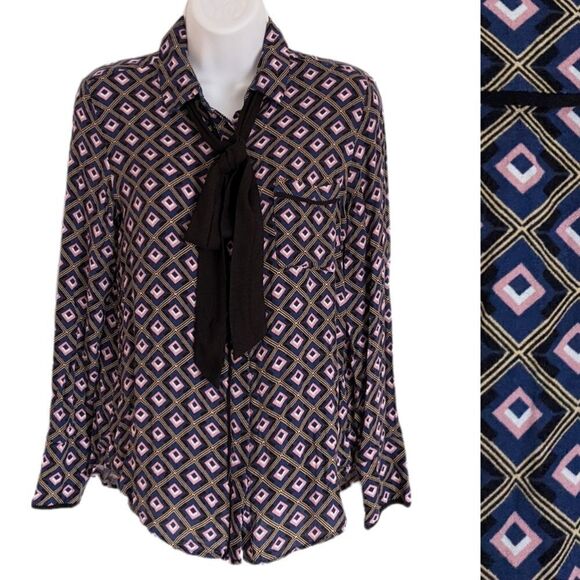 Mango Abstract Print Navy Pink Blouse With Bow Tie Neck Top Viscose XS @V - Picture 1 of 12